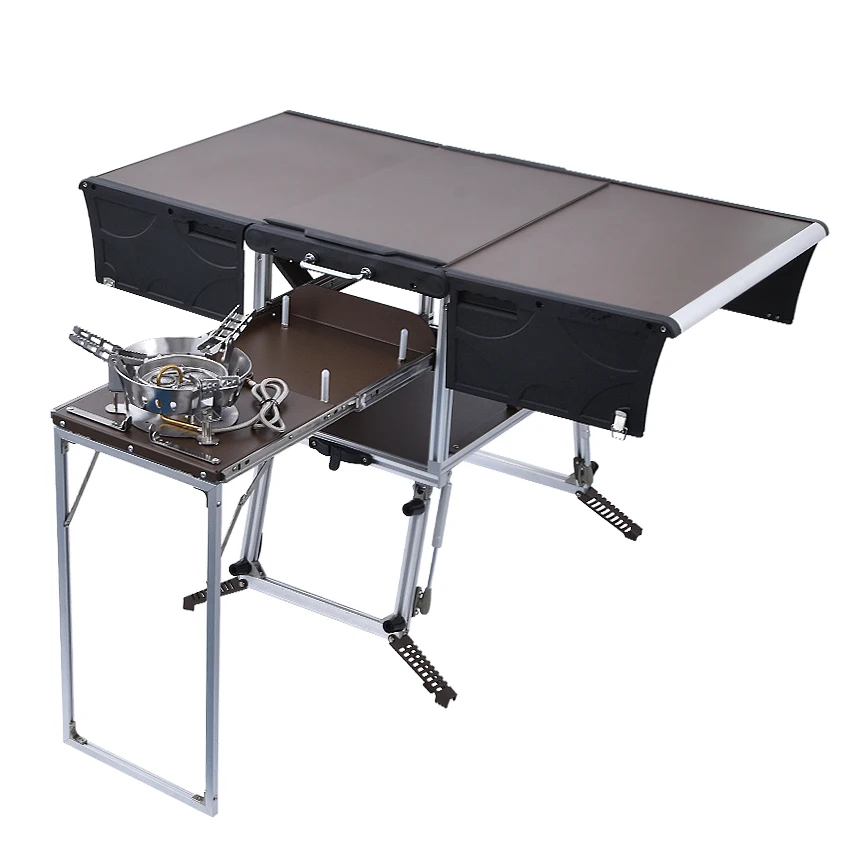 5-7 Person Outdoor Mobile Kitchen Foldable Picnic Table with Gas Stove and Tableware Cookware Set Camping picnic C550/C650