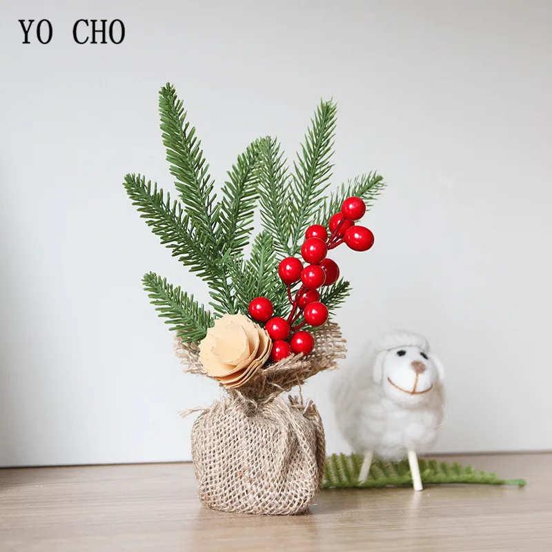 Yo Cho Base In Legno Pianta Artificiale Ornamento Pianta Falso Alberi Bacche Di Natale Decor Piccolo Cima Di Albero Per La Casa Di Natale Decorazione 