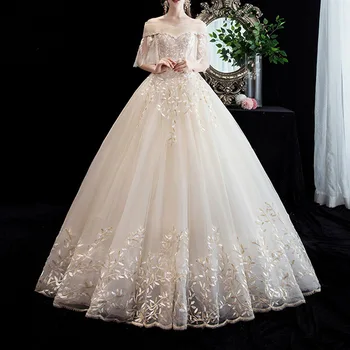 

Dressv Elegant Wedding Dress Off The Shoulder Half Sleeves Ball Gowns Appliques Floor Length Champagne Bridal Wedding Dresses
