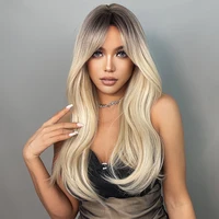GEMMA – perruques synthétiques longues et lisses avec frange, ombré brun blond, perruque de Cosplay pour femmes, faux cheveux naturels à haute température 2