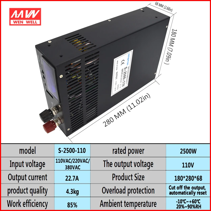 S-2500-110V20A высокой мощности питания Выходное напряжение 0-110VDC Регулируемый с цифровым дисплеем устройства питания