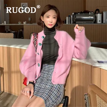 

RUGOD 2019 New Women Wool Soft Warm Sweater Coat O-neck Single-breasted Puff Sleeves Autumn Winter Coat Korean Elegant Cardigan