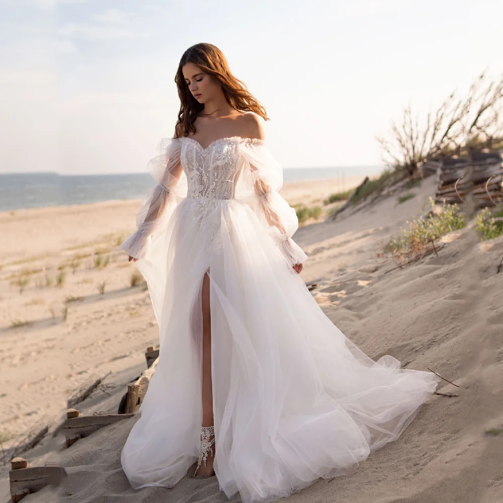 

DREAM Long Puff Sleeves Boho Wedding Dresses Off The Shoulder Lace Appliques Bridal Gowns High Side Split Beach Bride Dress