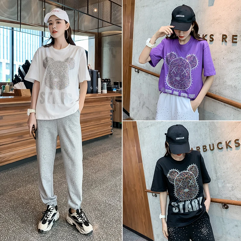 

Autumn New Heavy Industry Hot Drilling Bear Short Sleeve T-shirt Women's Korean Version of the Loose Half-Sleeve Bottoming Shirt