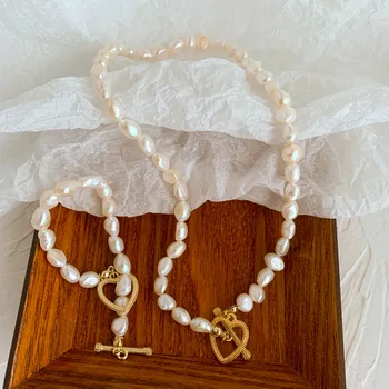 

Baroque Trendy Minimalist Fine Jewelries For Lady Elastic Gold Hollow Heart Natural Freshwater Pearl Choker Necklaces For Women