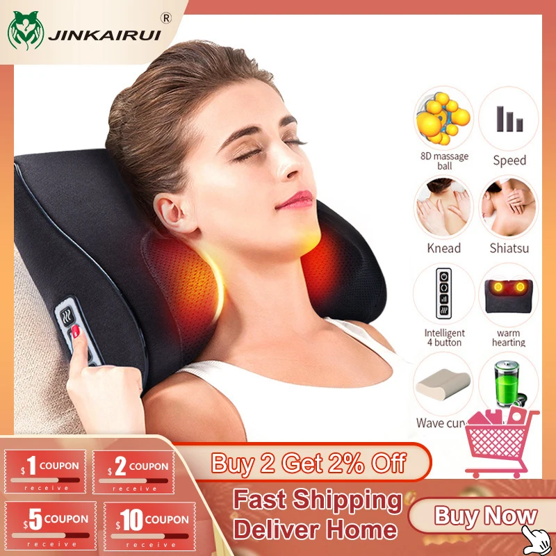 JinKaiRui Shiatsu Knead Rechargeable Neck Massager Pillow Wave Curve Home Car Dual-use Massage healthy Massagea For Shoulders