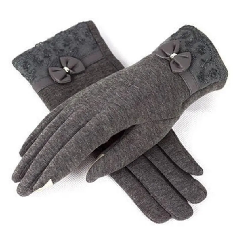 VIIANLES варежки элегантные женские теплые уличные перчатки Женские Толстые Полный палец варежки теплые зимние перчатки женские кашемировые перчатки - Цвет: Leather bow Gray