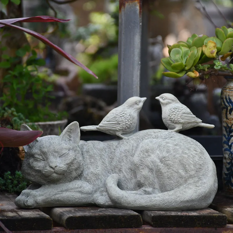 

Two Birds Stand On The Sleep Cat Statue Yard Balcony Resin Furnishing Animal Flowerpot Succulents Home Decoration Accessories