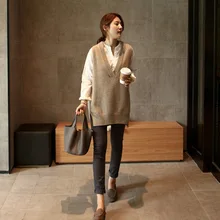 Женские Новые жилеты без рукавов Твердые свободные v-образным вырезом вязаный свитер свободные винтажные повседневные