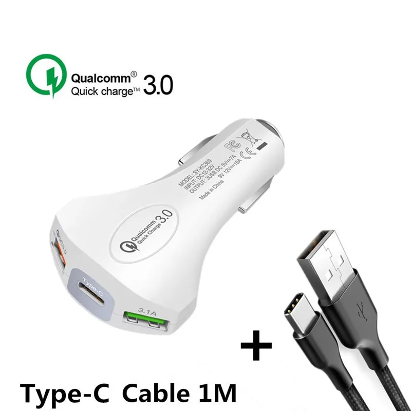 USB Автомобильное зарядное устройство Быстрая зарядка QC 3,0 Быстрая Зарядка адаптер двойной USB Автомобильное зарядное устройство для iphone Micro usb type C кабель зарядное устройство для телефона s - Тип штекера: White  Type C  Cable
