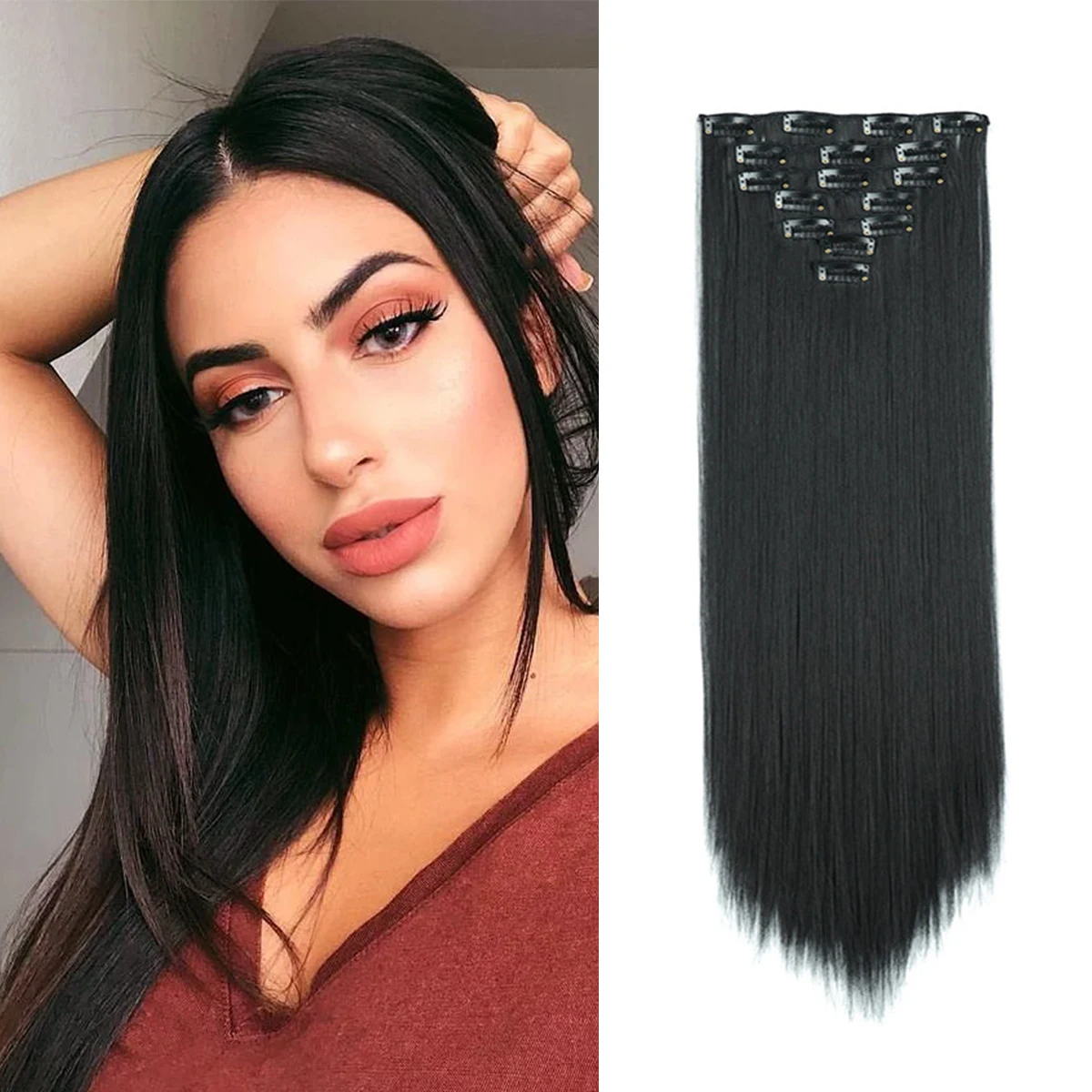 Long Straight Clip In Synthetic Hair Extensions 7pcs Set 16 Clips 22 Inches  130g Fake Hair Heat Resistant Clip Ins For Women