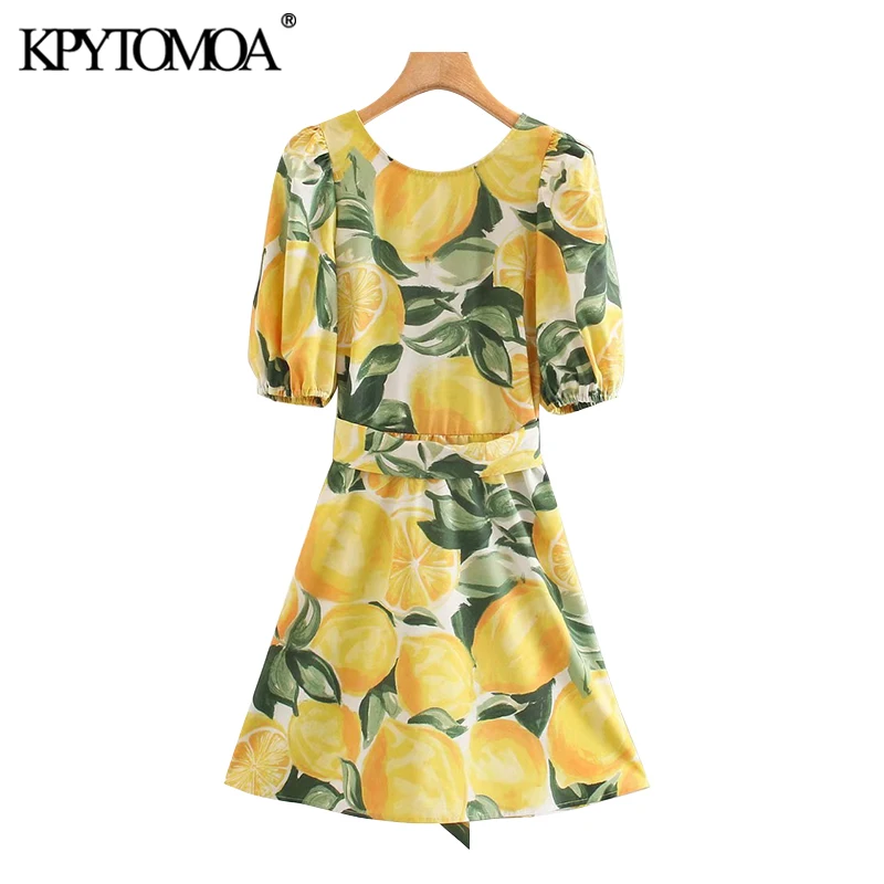 KPYTOMOA Women 2020 Chic Fashion Fruit Print With Belt Mini Dress Vintage Bacless Puff Sleeves Female Dresses Vestidos Mujer KPYTOMOA Women 2020 Chic Fashion Fruit Print With Belt Mini Dress Vintage Bacless Puff Sleeves Female Dresses Vestidos Mujer
