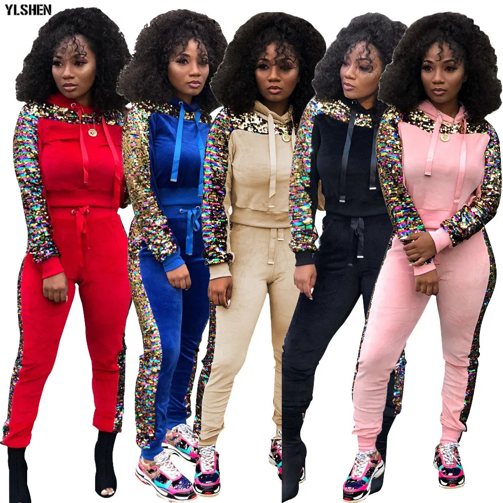2 Two Piece Set Velvet Tracksuit Women Sexy Sequins Jogging Femme Plus Size Long Sleeve Tops +Pants Sweat Suits Matching Sets 04