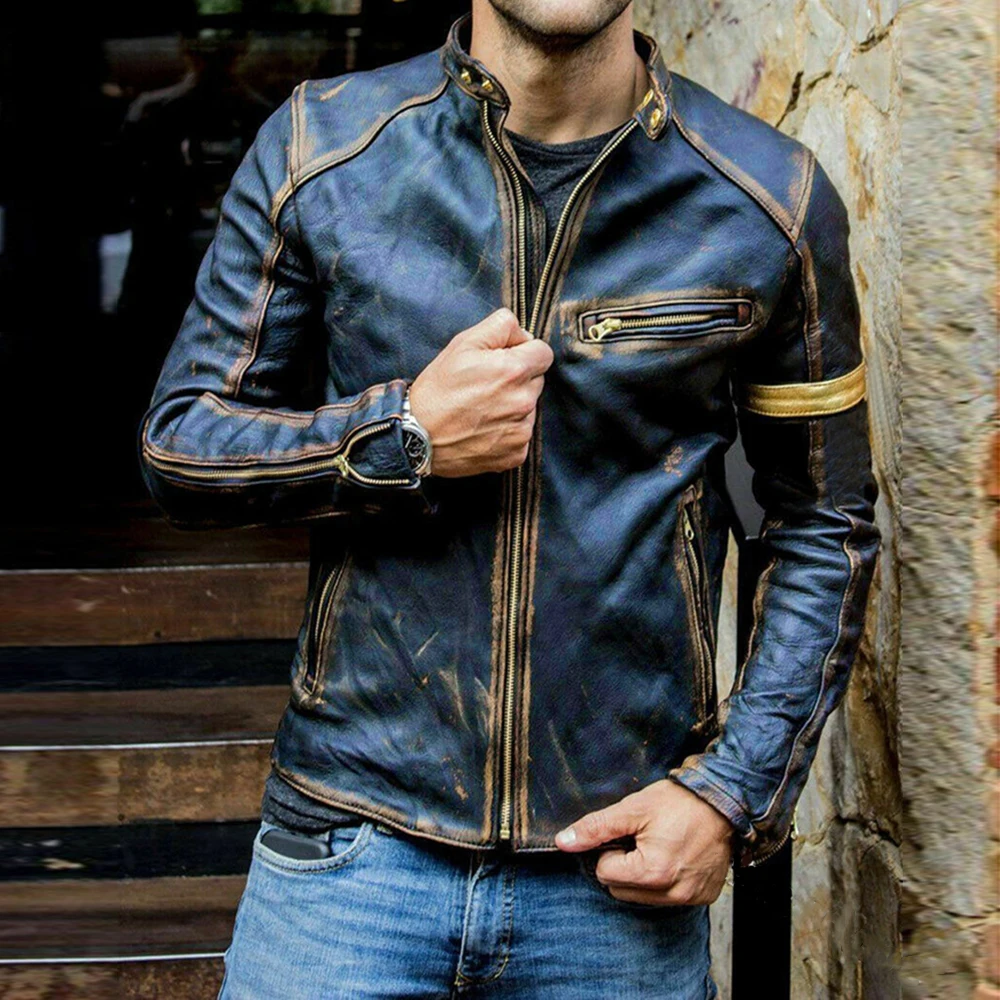 Men Slim Fit Bomber Jackets Men Stand Collar Leather PU Coat Mens Zipper Jacket Jaquetas De Motocicleta