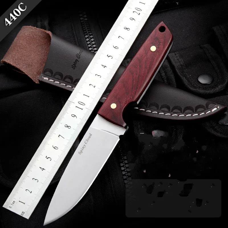 

440C Steel Outdoor Sharpening Fixed Blade Knife Ebony Pattern Nail Handle Small Straight Knife Tactical Hunting Camping Knife
