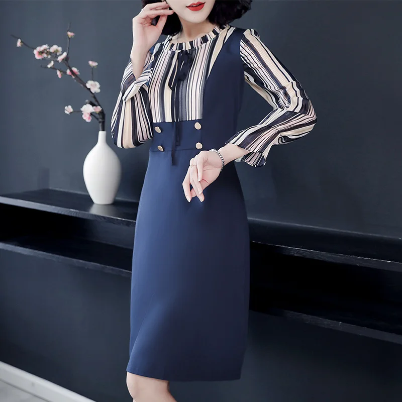 

4XL Large Size Striped Dress Women Autumn Casual Boho Loose Long Sleeve O-neck Blue Dress Elegant Club Party Dresses Vestidos