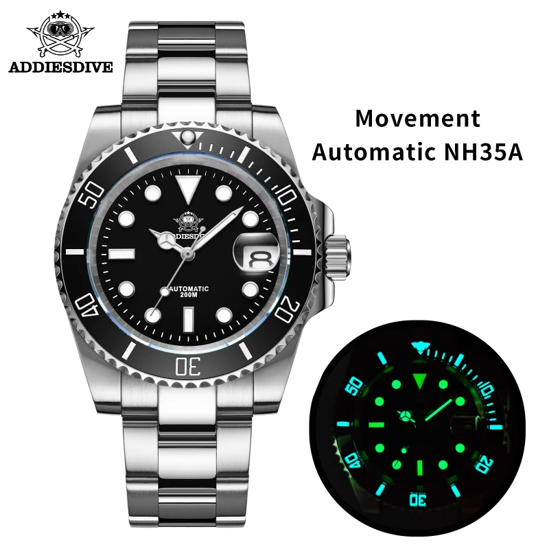 

Автоматические часы ADDIESDIVE Sapphire NH35, стальные часы для мужчин 200 м, часы для дайвинга BGW9 с керамической рамкой C3, супер светящиеся часы 1953
