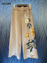 

2020 Autumn Winter Fashion Pants High Quality Women Floral Embroidery Belt Patchwork Wide Leg Casual Apricot Black Pants Female