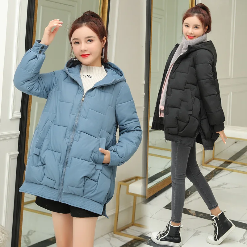 

Winter New Style Cotton Overcoat Women's Mid-length Sweet Fashion Warm Thick Hooded Solid Color Cotton Coat