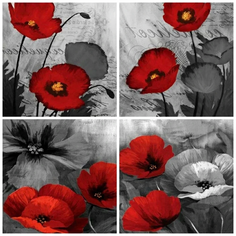 

5D «сделай сам», полноразмерная/круглая алмазная живопись, вышивка, Маковый цветок, Набор для вышивки крестиком, мозаика, черные, красные цветочные настенные картины