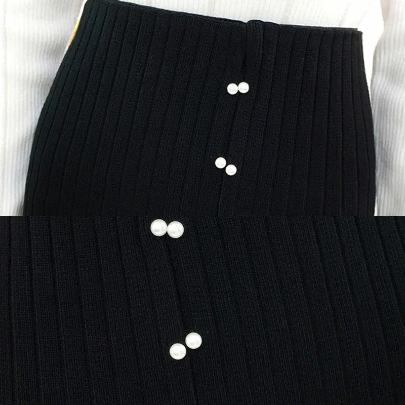 Autumn Winter Front Splited Women Knitted Long Skirt Beading High Waist Knitting Pencil Skirts One Step Lady Mid-Calf Saias Gray