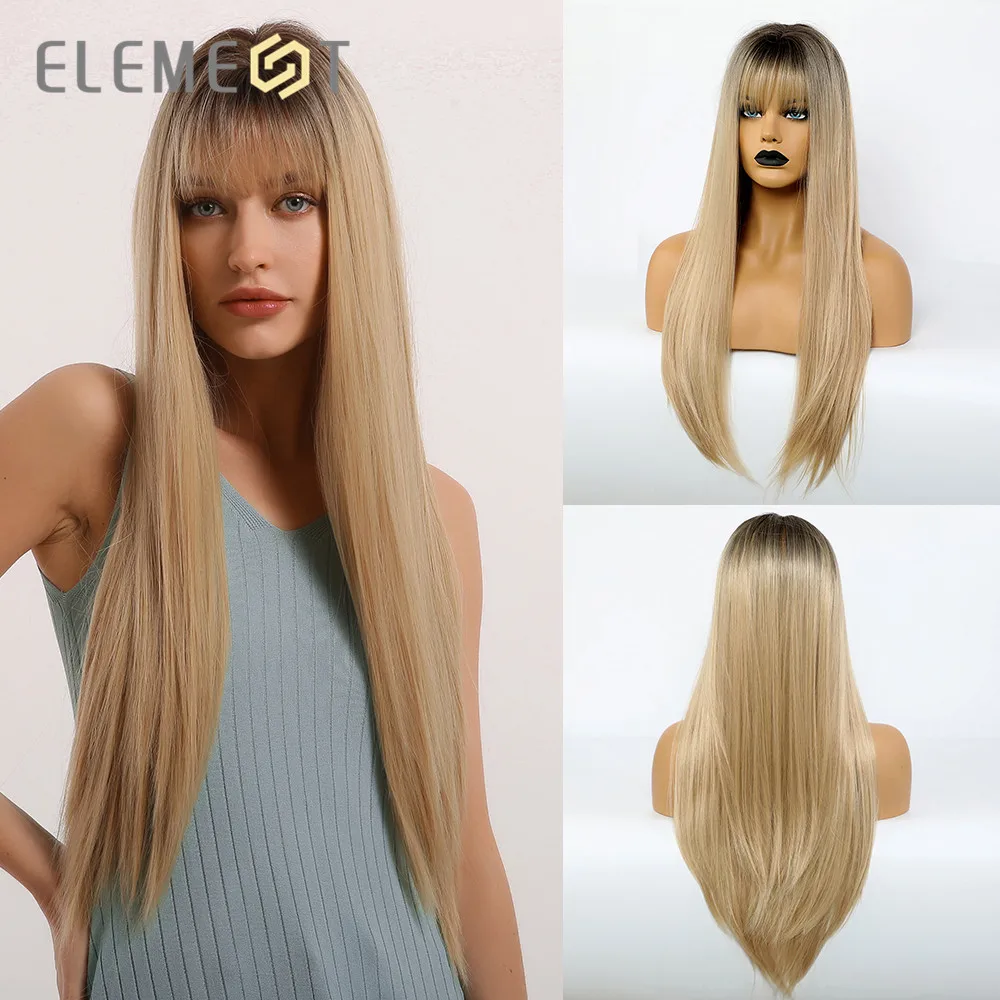 

Element High Temperature Synthetic Ombre Blonde Wig Long Silky Straight Cosplay Wigs with Bangs for White/Black Women