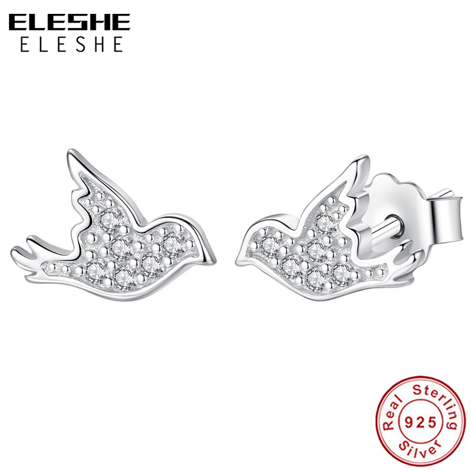 

ELESHE Flying Parrot Hummingbird Bird Crystal Stud Earrings Fashion Animal Jewelry 925 Sterling Silver Earrings For Women Girls