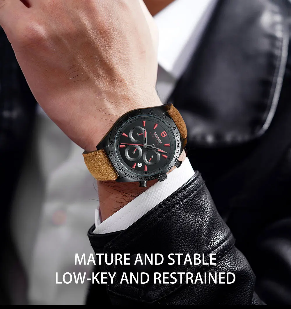 2022 Ever Move Men's Sports Chronograph  Luxury Literal Business Style Multifunctional Leather Real Nail Quartz Watch
