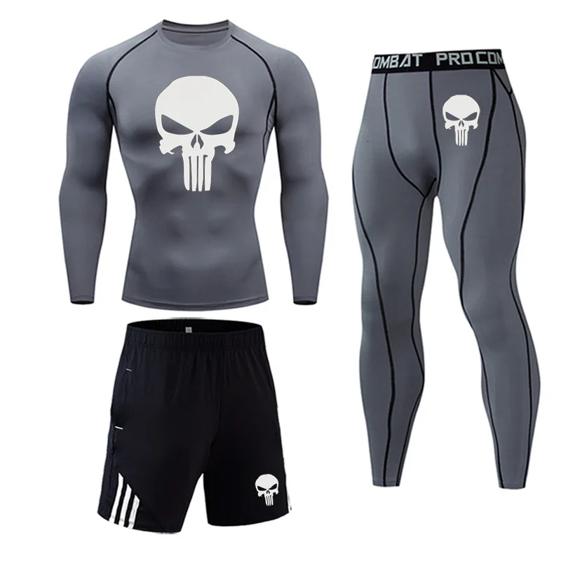 

Men Compression set MMA Long Sleeve T-shirt Men's Tight Pants Fitness Bodybuilding Clothes Skull Punisher Rashguard Sport Suit
