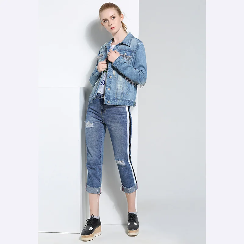 

Street Stylish Spring with Holes Cowboy Thin Jacket Long Sleeve Coat Spring And Autumn