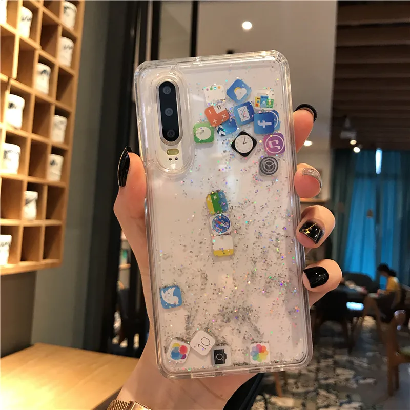 Чехол Quicksand с милым приложением значок Coque для huawei P20 P30 Pro Lite Nova 3 4 5 Honor V20 жидкий Жесткий ПК прозрачный чехол для телефона