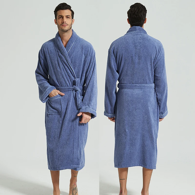 Bathrobe Men Luxury 100% Cotton White Sleepwear Towel Fleece Robes For Male Plaid Robes Long Bath Robe Bride Robe Dressing Gown