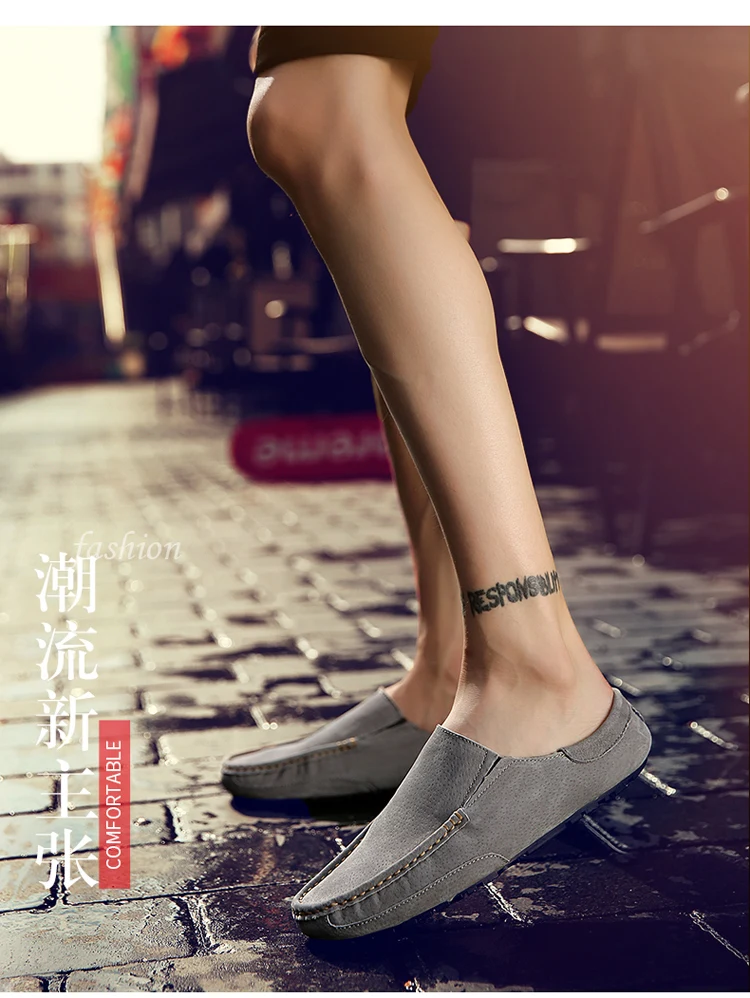 Man Summer Fashion Pig Skin Casual Half Shoe Male Breathable Soft Backless Half Loafers Hombre Open Back Leather Comfy Mocassins