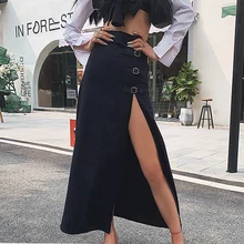 Lossky, сексуальная юбка с высоким разрезом, длинная, черная, Готическая, панк, осенняя, с высокой талией, с разрезом по бокам, а-силуэт, полная одежда на молнии,, уличная одежда для женщин