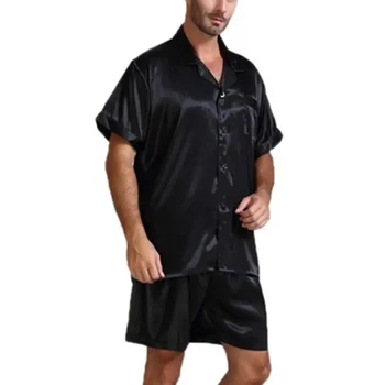 

M-3XL Fashion Men Silk Satin Pajamas Sets Soft Sleepwear Silk Short Sleeve Tops Short Men Pajama Homewear Suits Summer Plus Size