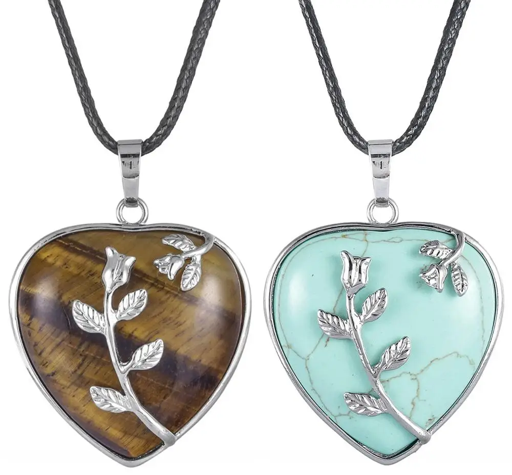 

TUMBEELLUWA Sliver-color Flower Wrap Natural Stone Romantic Love Heart Pendant Necklace Reiki Crystal Fashion Jewelry for Women