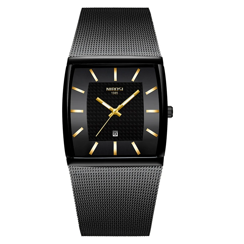 NIBOSI, квадратные часы, мужские, топ-бренд, синие, деловые, мужские часы, нержавеющая сталь, водонепроницаемые, наручные часы, дата, Reloj Hombre - Цвет: whole black