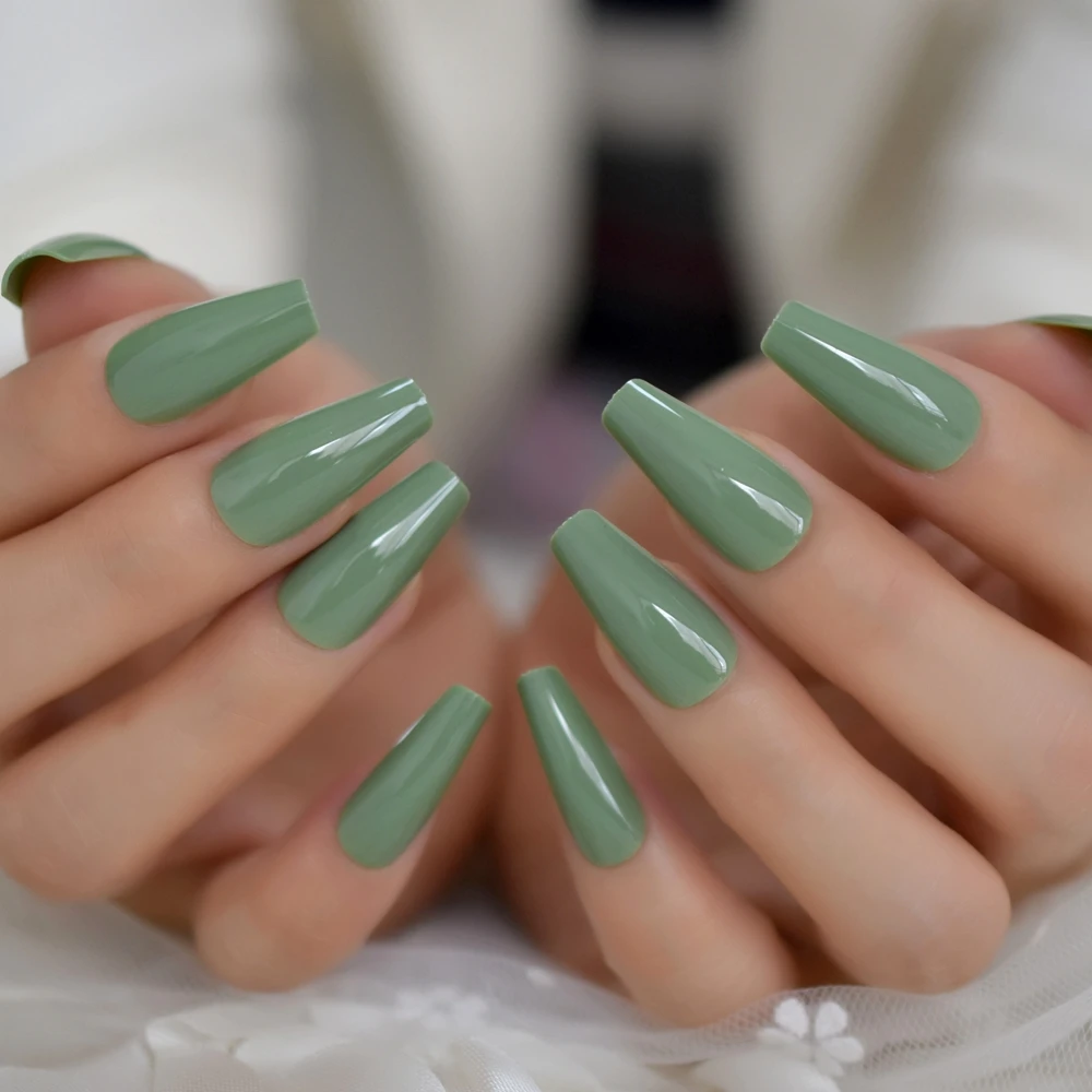 Glossy Olive Green Press On False Nails Extra Long Gel Coffin Ballerina  Flat Shape Press On Fingersnails Free Adhesive Tapes - False Nails -  AliExpress