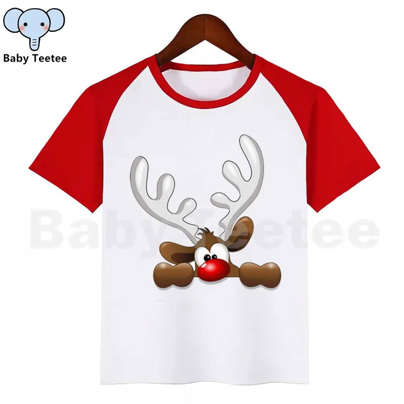 Детская футболка с рисунком Санта-Клауса и оленя; веселые детские топы; детская футболка с короткими рукавами; одежда для малышей - Цвет: D114-RedE