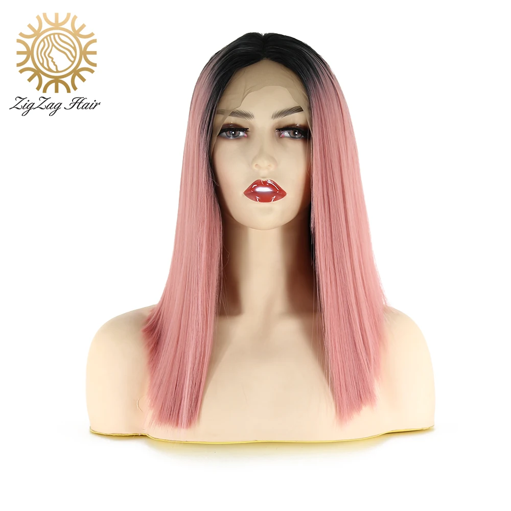 

ZigZag Short Straight Bob Ombre Pink Wig Heat Resistant Fiber Hair Middle Part Glueless Synthetic Lace Front Wigs for Women