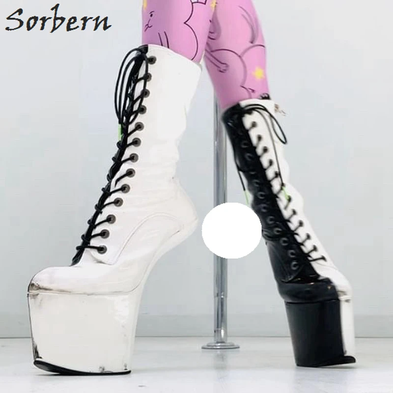Sorbern/черные и белые ботинки; женские ботинки без пятки; цвет на заказ; пикантные короткие ботиночки без каблуков в форме копыта; женская обувь на платформе со шнуровкой