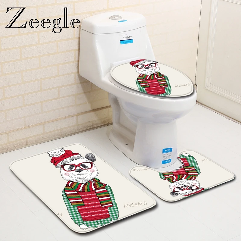 Zeegle Christmas Bathmat Set Flannel Cartoon Anti-slip Bathroom Mat Toilet Cover Shower Mat Toilet Floor Water Absorption Rug