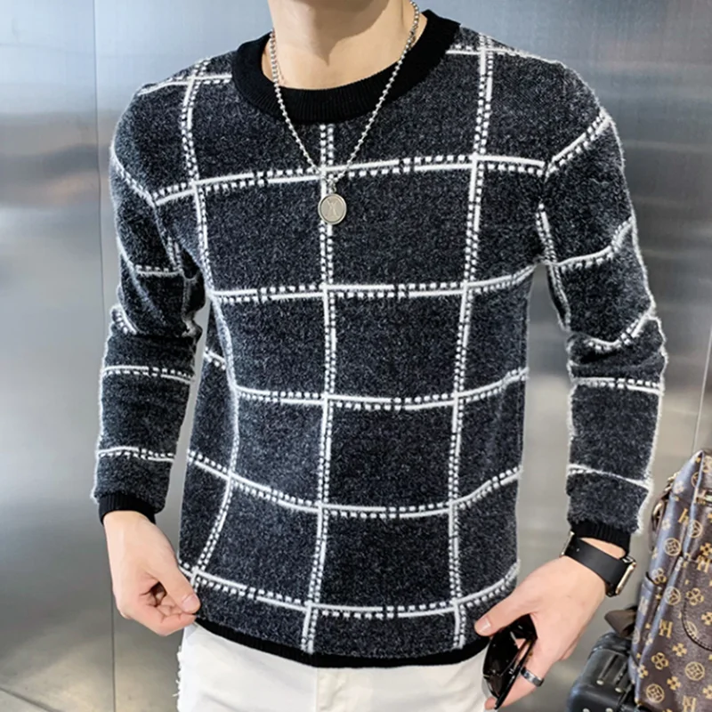 Autumn 2021 Men's New Casual Round Neck Youth Popular Sweater  Pullover Men's Winter Plush Long-sleeve Plaid Pattern Men's Shirt