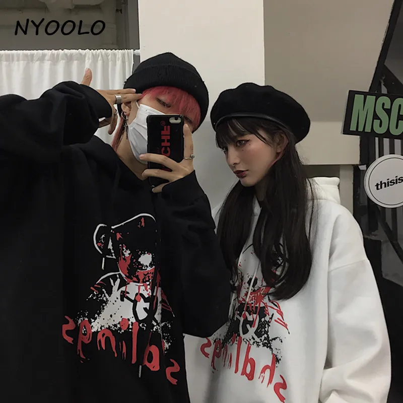 NYOOLO осенне-зимняя уличная мода кровавый медведь буквы с принтом, с длинными свободными рукавами рукав с капюшоном пуловеры теплый флис Толстовка для женщин и мужчин