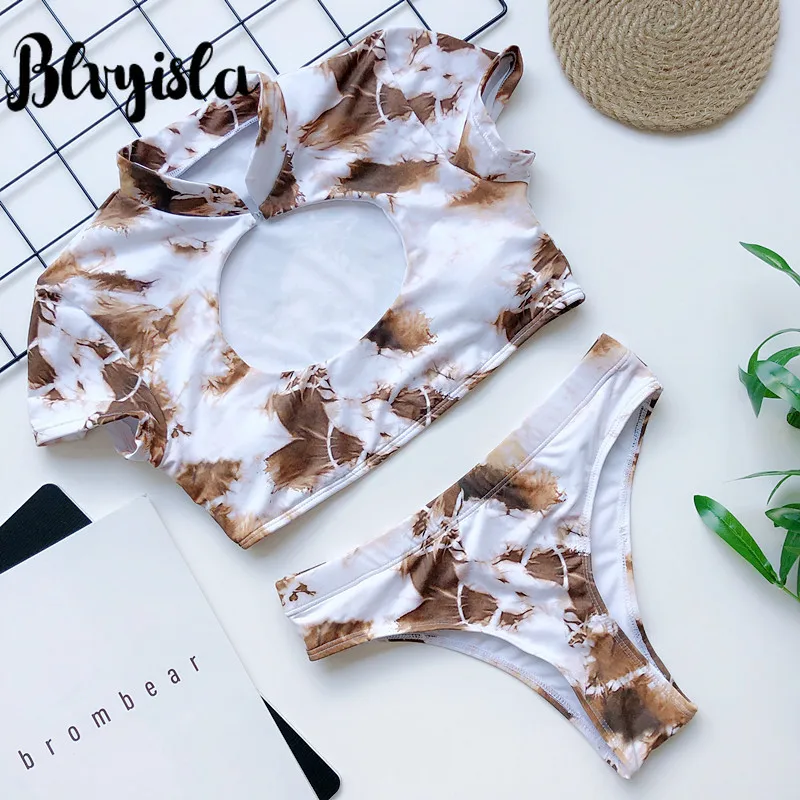 

Stand Collar Print Swimsuit Sexy Hollow Out Cut Bikini Set Special Short Sleeve Beachwear Bathing Suits Swimming Sport Wears