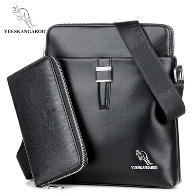 Black Set YUESKANGAROO Мужская Ретро сумка-мессенджер повседневная кожаная деловая сумка-портфель маленькая сумка через плечо мужская сумка - Цвет: Black Set
