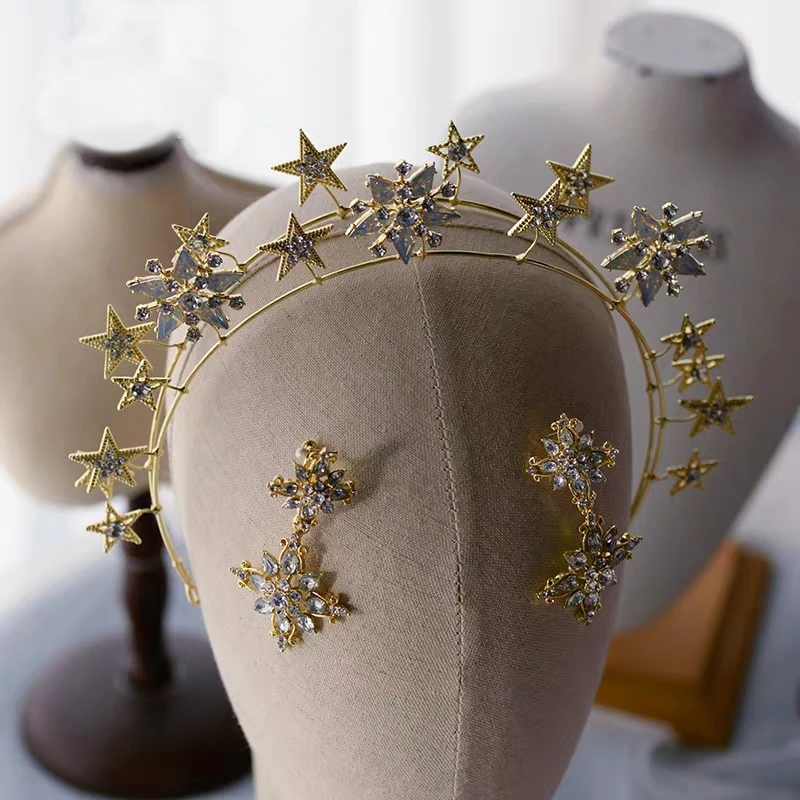 European Star Tiaras Headbands with Earring Bridal Hairbands Crystal Wedding Hair Accessories