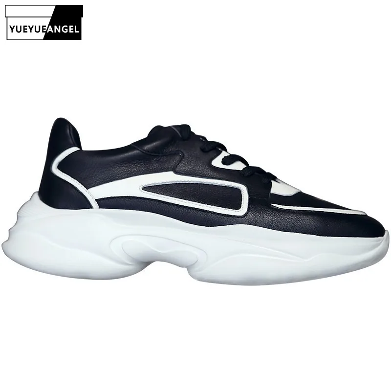 Harajuku Style Breathable Men Platform Casual Shoes Natural Leather Lace Up Designer Black Sneakers Summer Trainers Zapatillas |