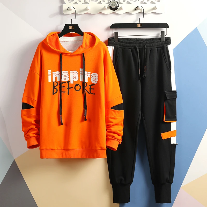 

Autumn Winter New 2 Piece Sets of Men's Loose Contrast Sports Hip Hop Style Sets Men's Fashion Hoodie + Pants Casual Sports Sets