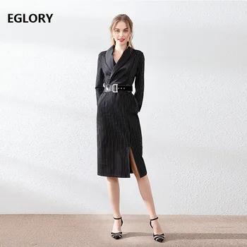 

2019 Autumn Fashion Bodycon Dress High Quality Women Notched Collar Striped Print Pocket Patchwork Midi Party Lady Dresses XXL
